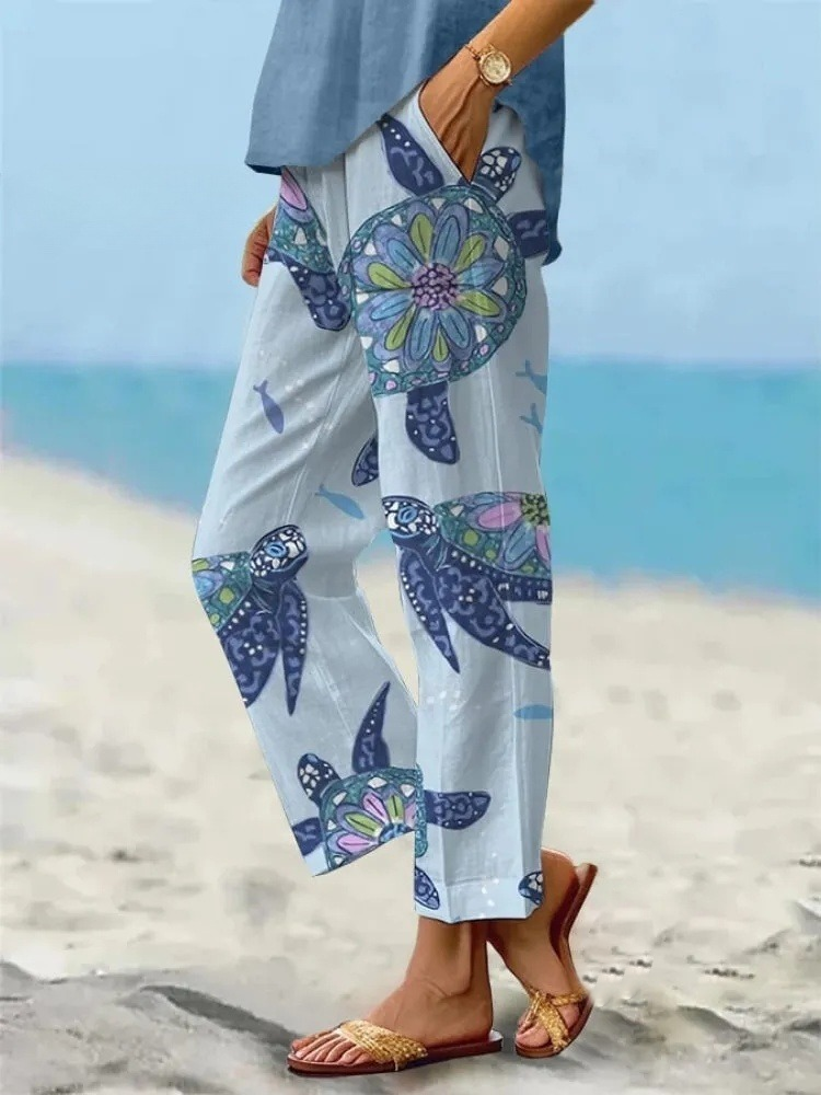Women's Beach Vacation Turtle Print Loose Casual Pants (With Pockets)