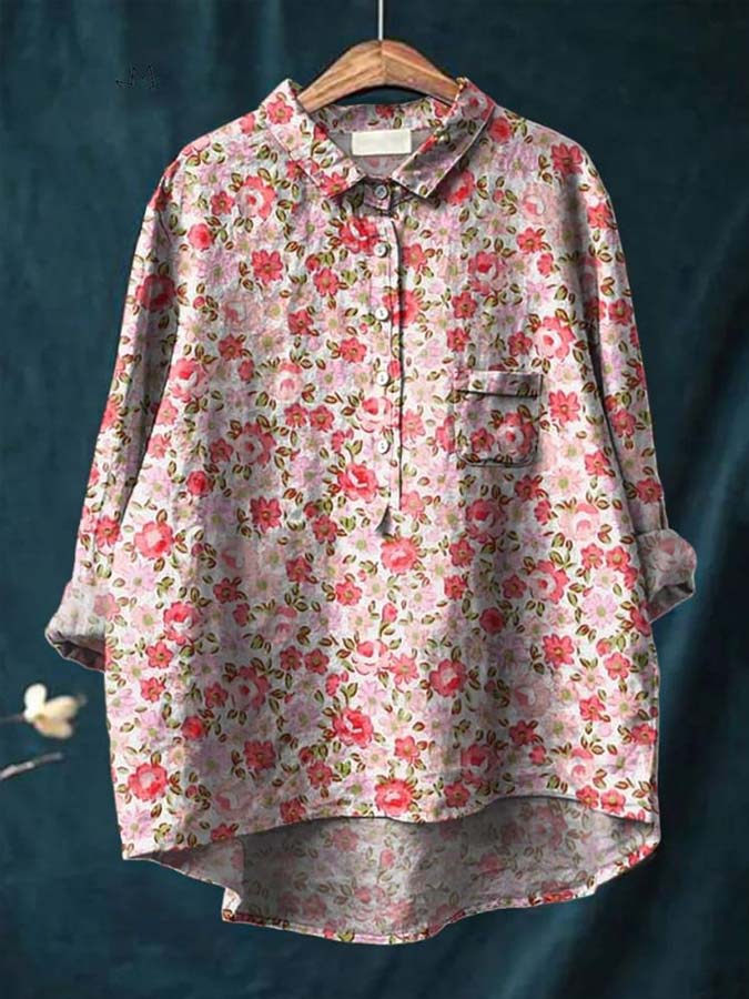 Retro Small Floral Pattern Printed Women's Casual Cotton And Linen Shirt