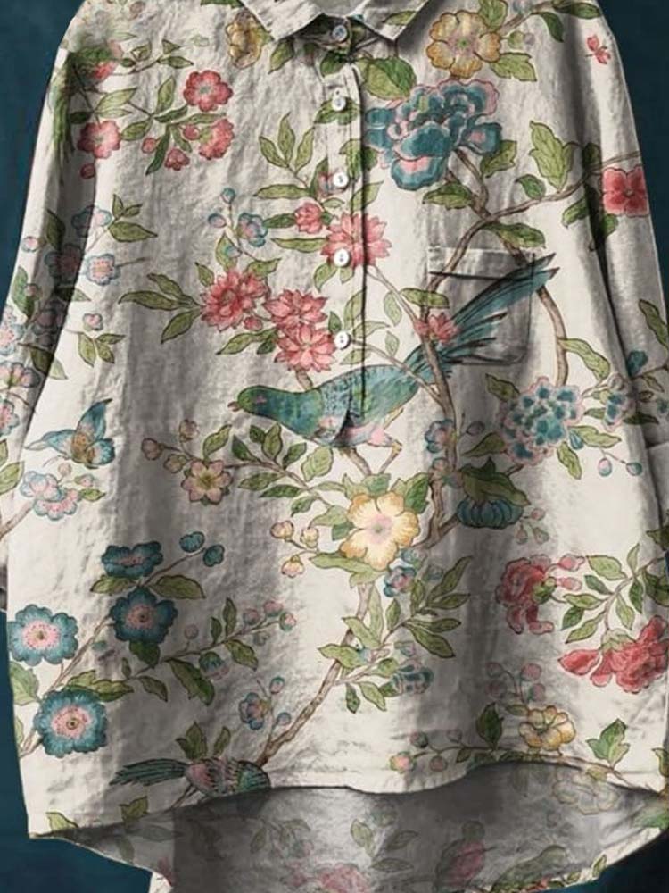 Women's Vintage Floral Birds Art Print Casual Cotton And Linen Shirt