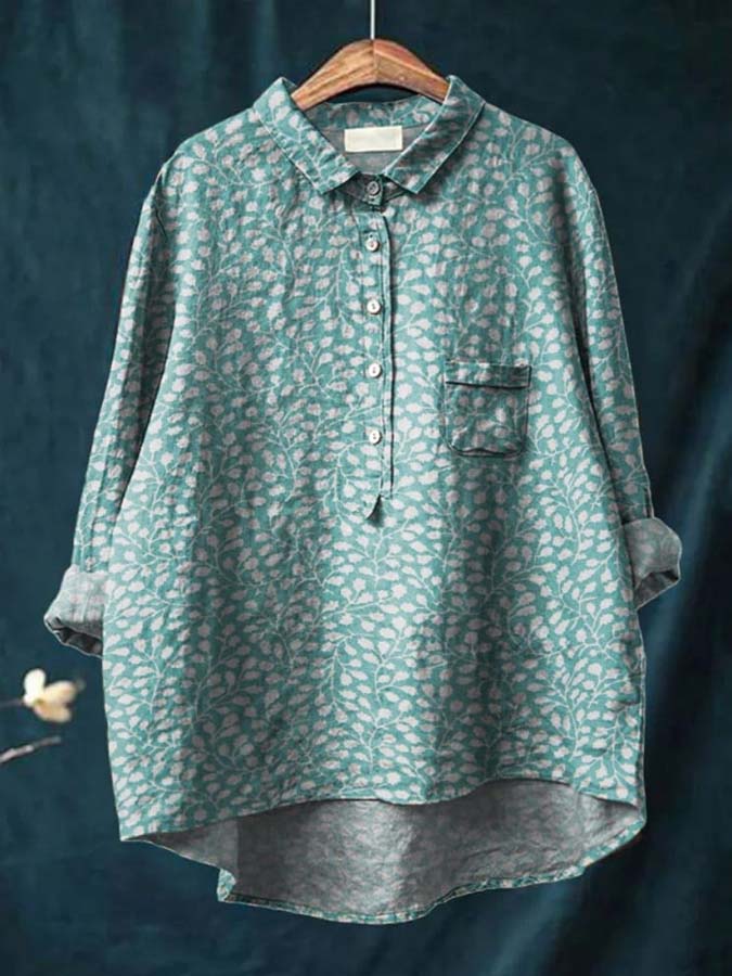 Vintage Floral Art Print Casual Cotton And Linen Shirt