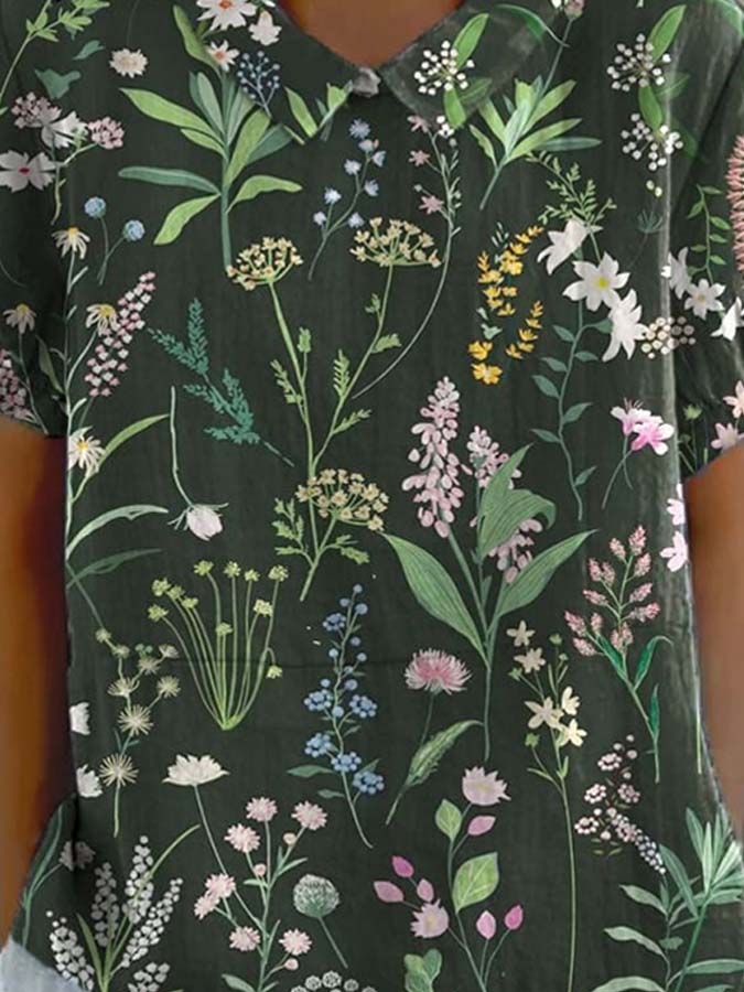 Women's Vintage Floral Art Print Casual Cotton And Linen Shirt