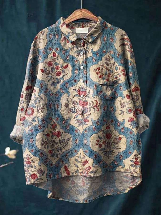 Women's Vintage Ethnic Floral Pattern Art Print Casual Cotton And Linen Shirt