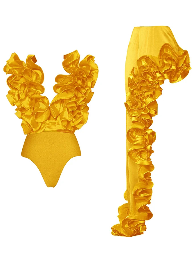 Frilled V Neck One Piece Swimsuit and Skirt