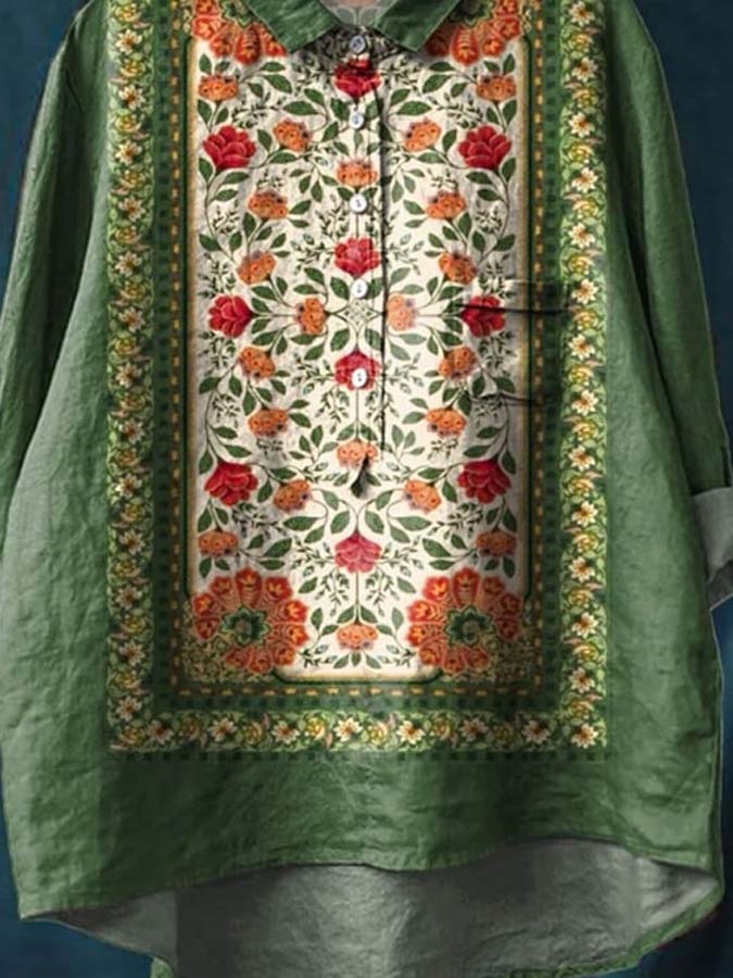 Women's Vintage Ethnic Floral Art Print Casual Cotton And Linen Shirt