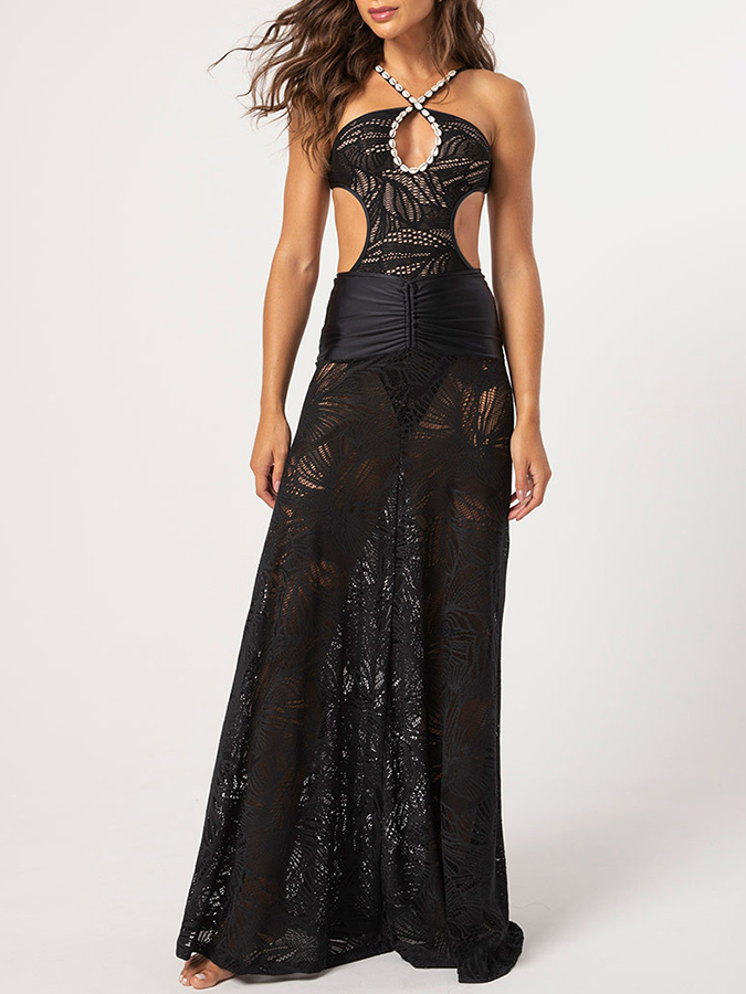 Lace Cut-out One Piece Swimsuit and Skirt