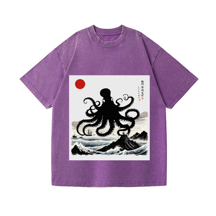 The Giant Octopus in the Sea Vintage Wash Japanese Design T-Shirt