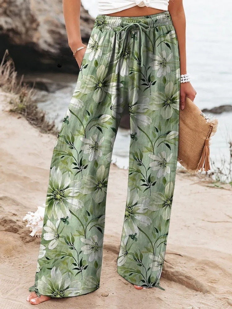 Watercolor Floral Pattern Printed Women's Cotton And Linen Casual Pants