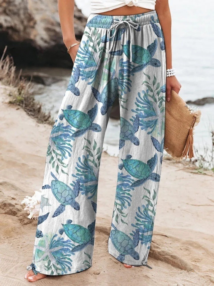 Watercolor Sea Turtle And Coral Reef Pattern Printed Women's Cotton And Linen Casual Pants
