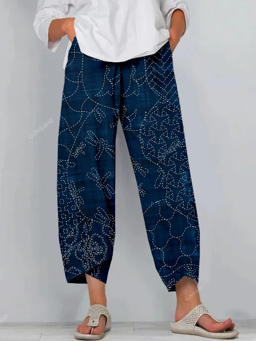 Vintage Japanese Sashiko Art Linen Blend Cropped Casual Pants