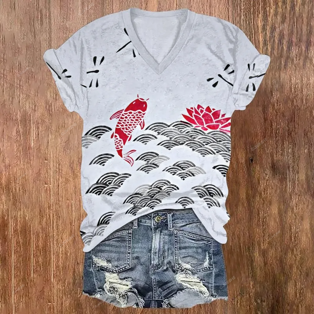 Women's V-neck Japanese Wave Koi Printed Short Sleeve T-shirt