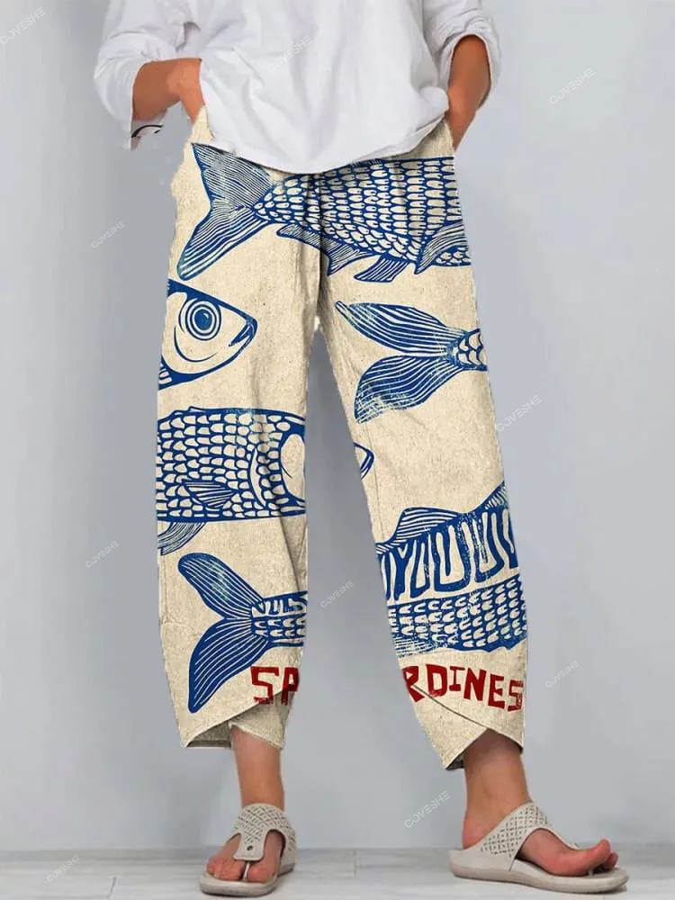 Women's Vintage Fish Sardine Art Print Casual Pants