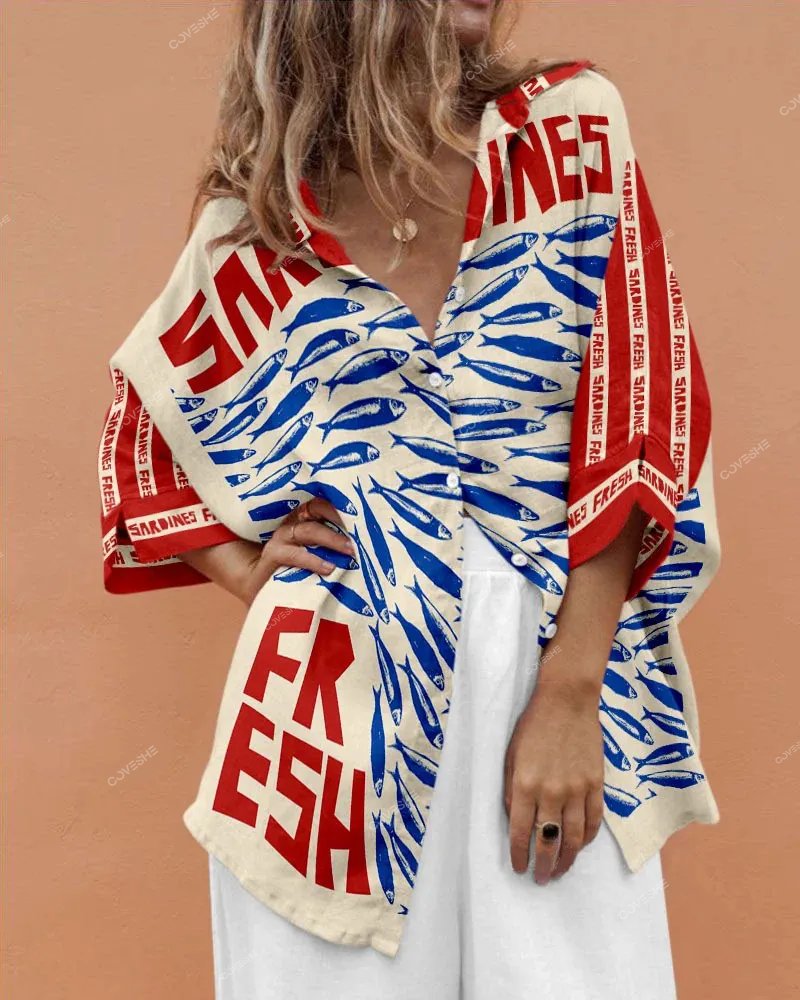 Retro vacation fish print shirt and trousers