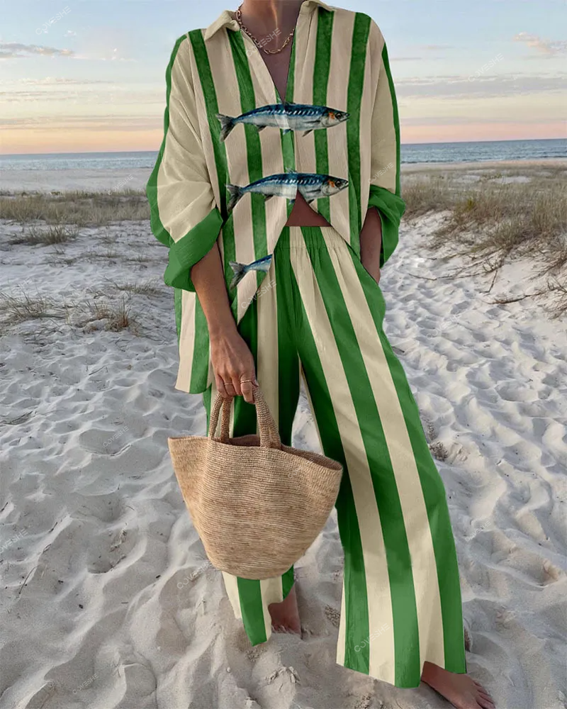 Vacation Style Sardine Print Shirt & Pants Two-Piece Set