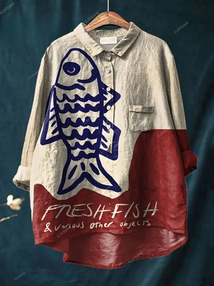 Women's Vintage Fish Art Print Casual   Shirt