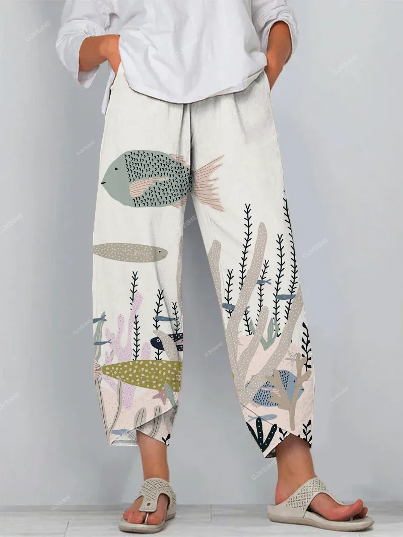 Casual Ocean Underwater World Fish Art Print Cropped Pants