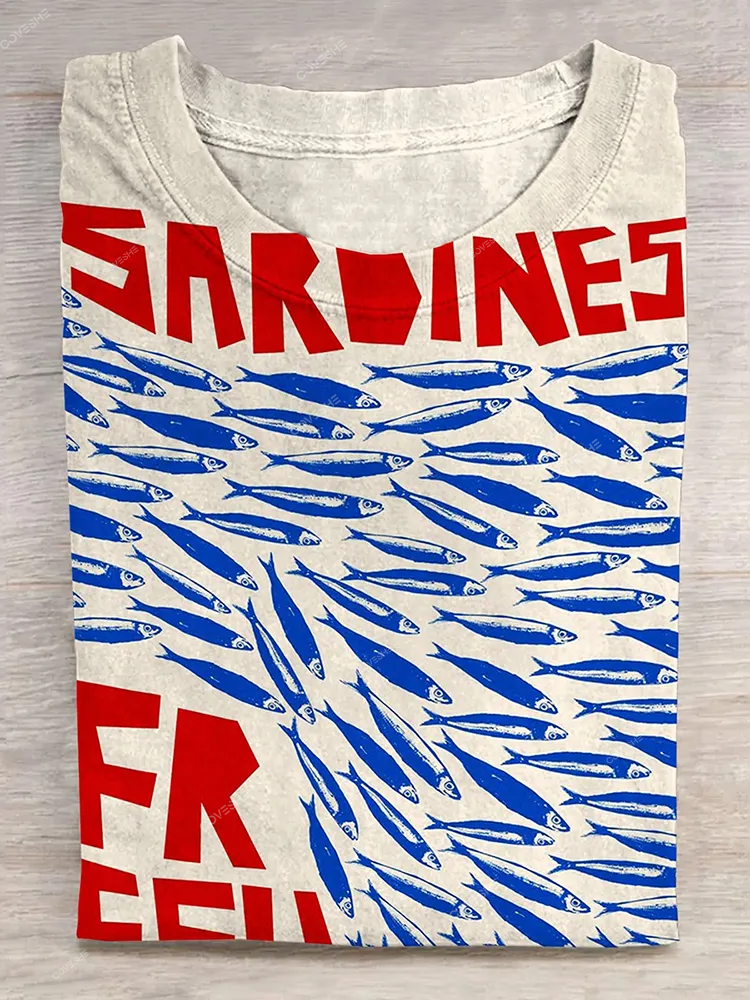 Vintage Fish Sardines Art Print Crew Neck T-Shirt