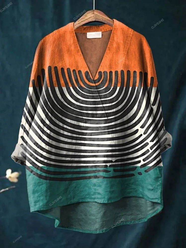 Women's Abstract Orange and Green Color-blocking Print Casual   V-neck Shirt