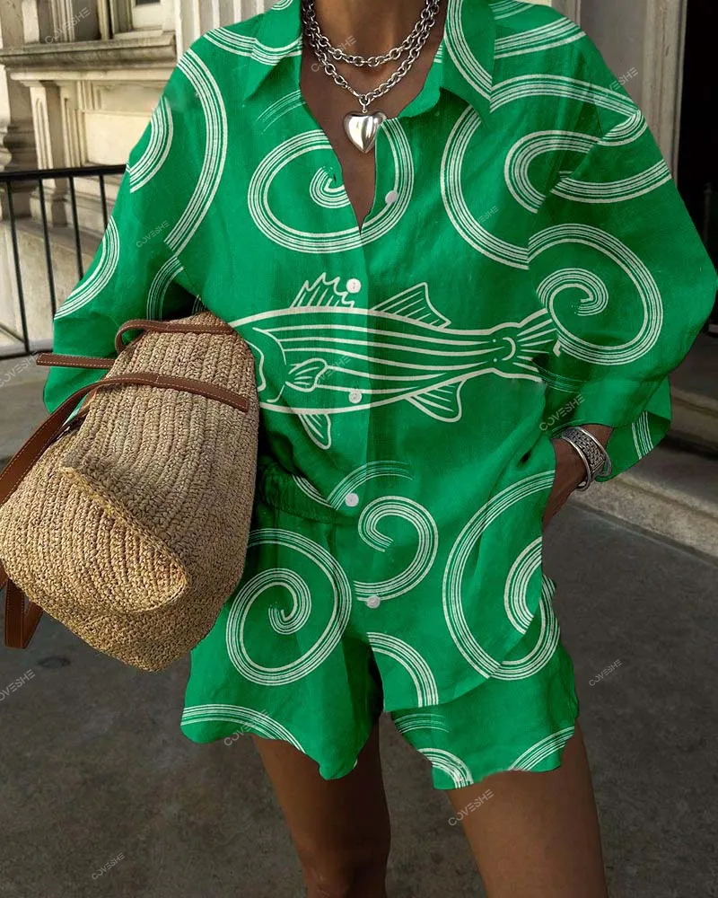 Fantasy Striped Fish Print Casual Two-Piece Set