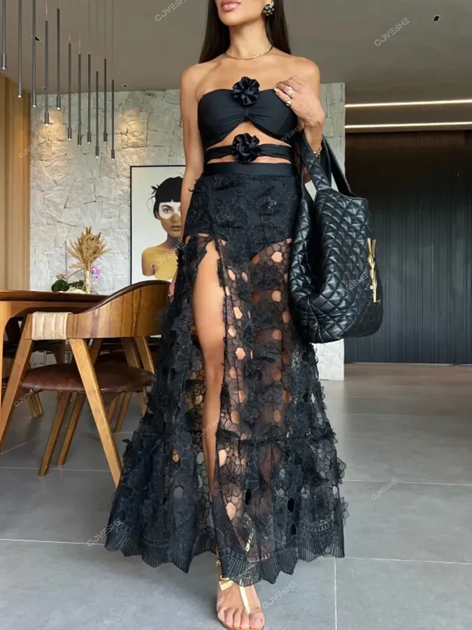 Black 3D Flower One Piece Swimsuit and Skirt
