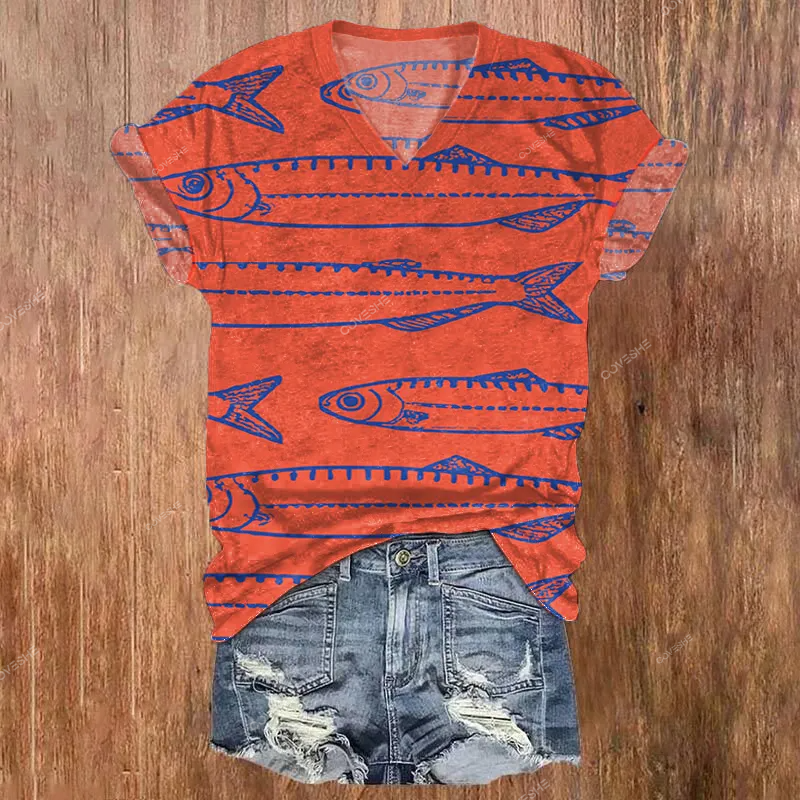 V-neck Sardines Printed Casual T-shirt