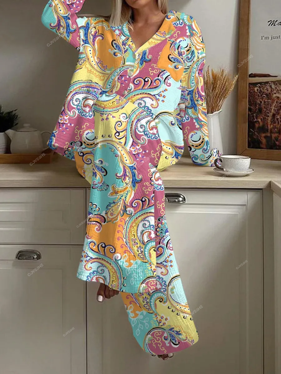 Women's Bohemian Paisley Print Casual Homewear Set