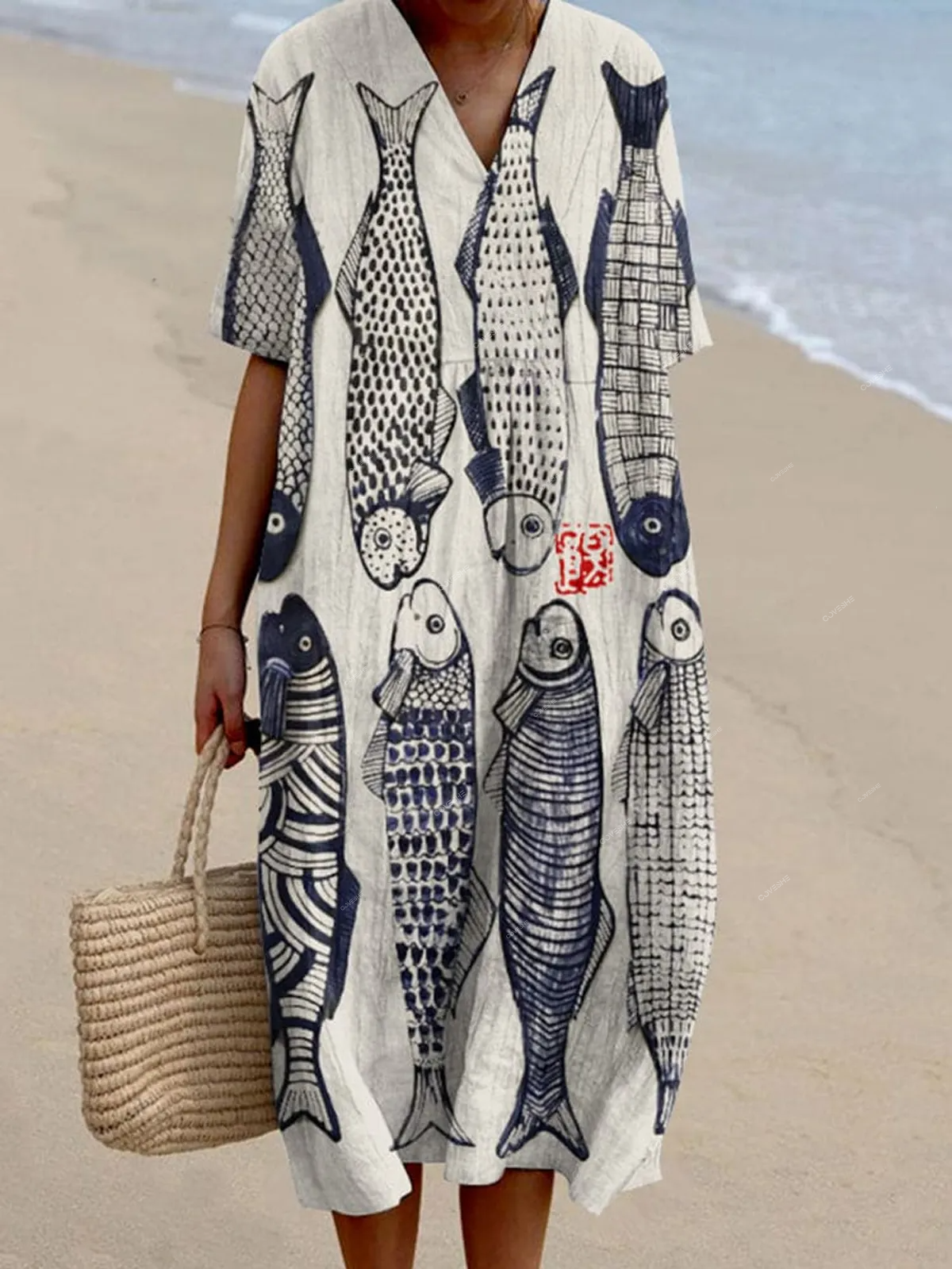 Women's Fish Japanese Art Pattern Linen Blend Dress