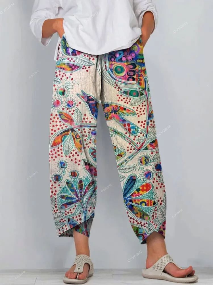 Women's Vintage Lovely Floral Bird Art Printed   Casual Pants