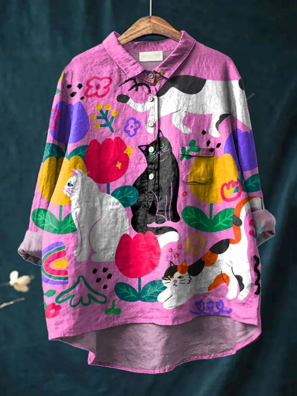 Vintage Lovely Cats Art Print Casual   Shirt