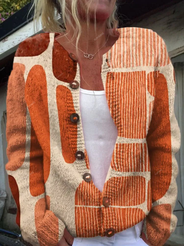 Minimalist  Abstract Lines Print Buttoned Cardigan Sweater