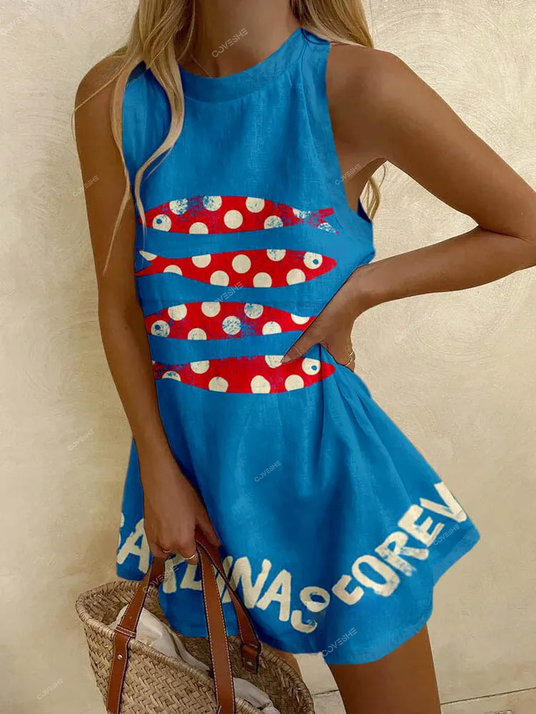 Casual Print Red Fish Sleeveless Dress