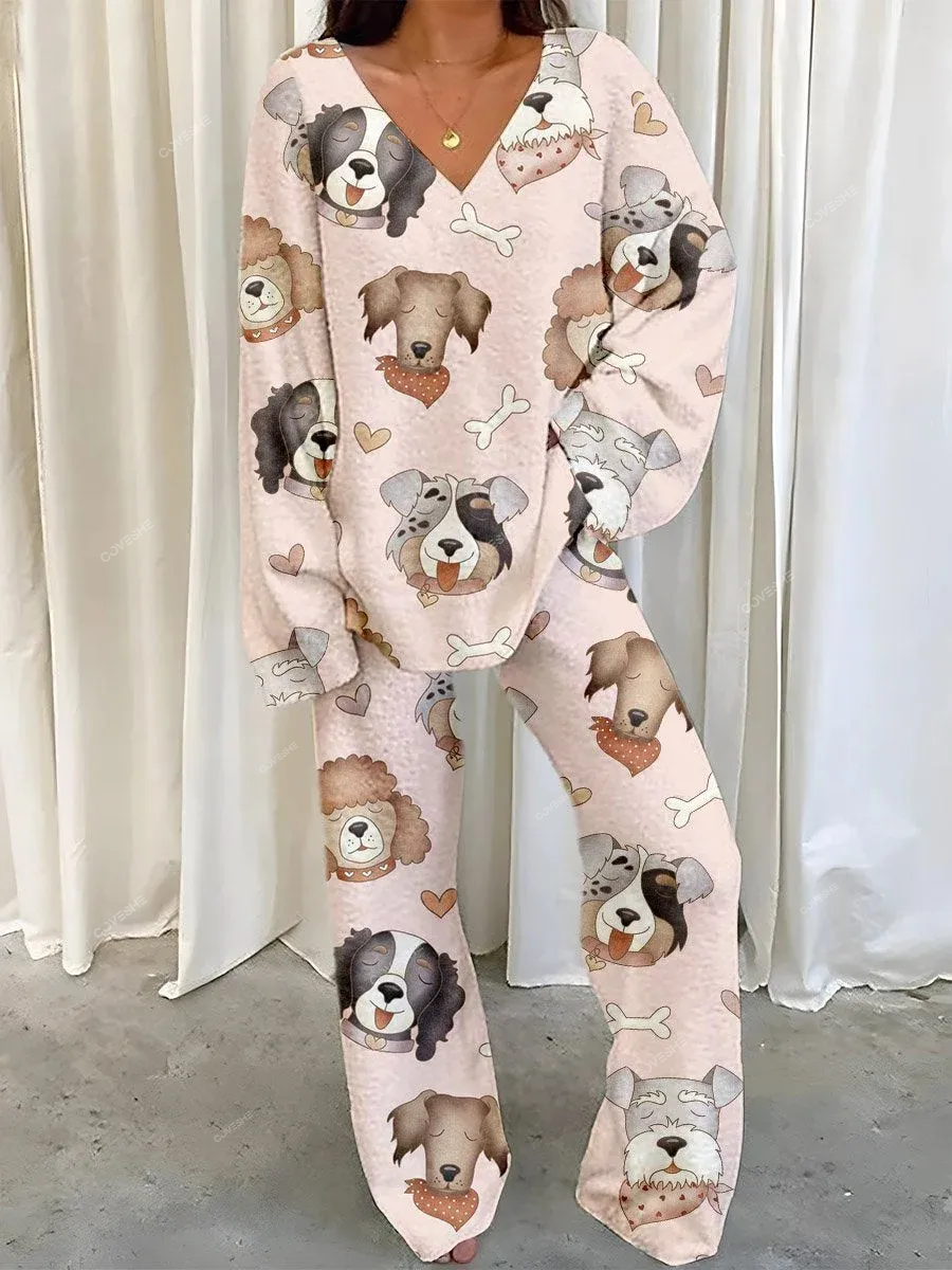 Women's Plush Dog Heart Printed Fleece Suit