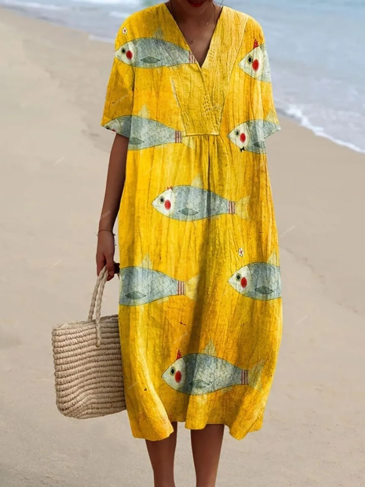 Women's Vintage Fish Art Print Casual   Dress