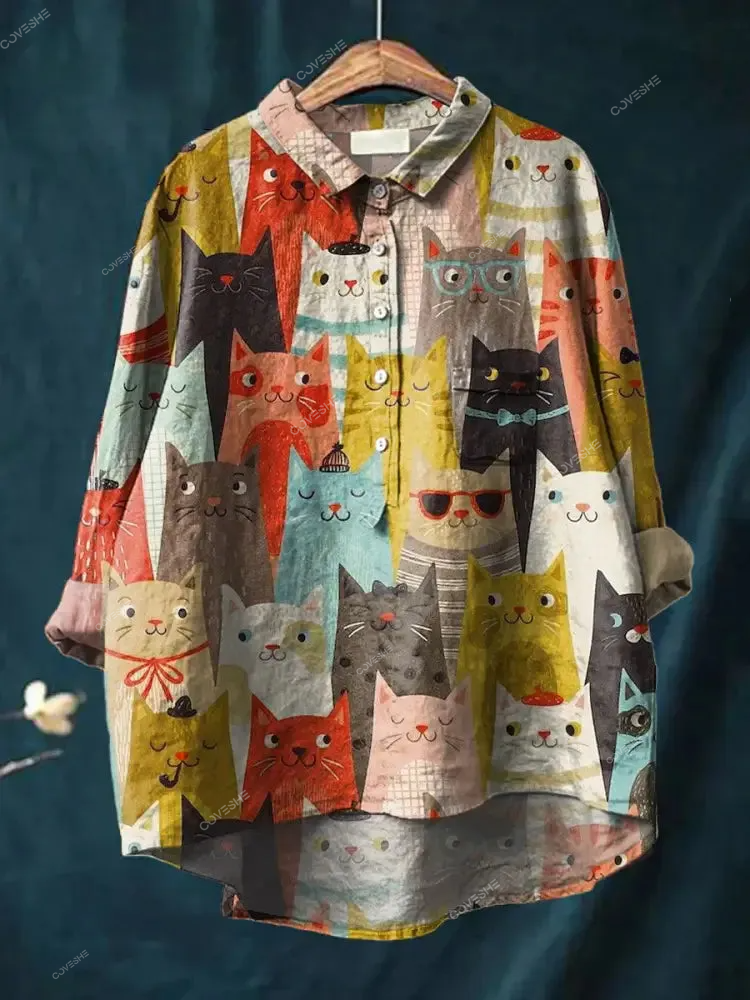 Vintage Lovely Cats Art Print Casual Shirt