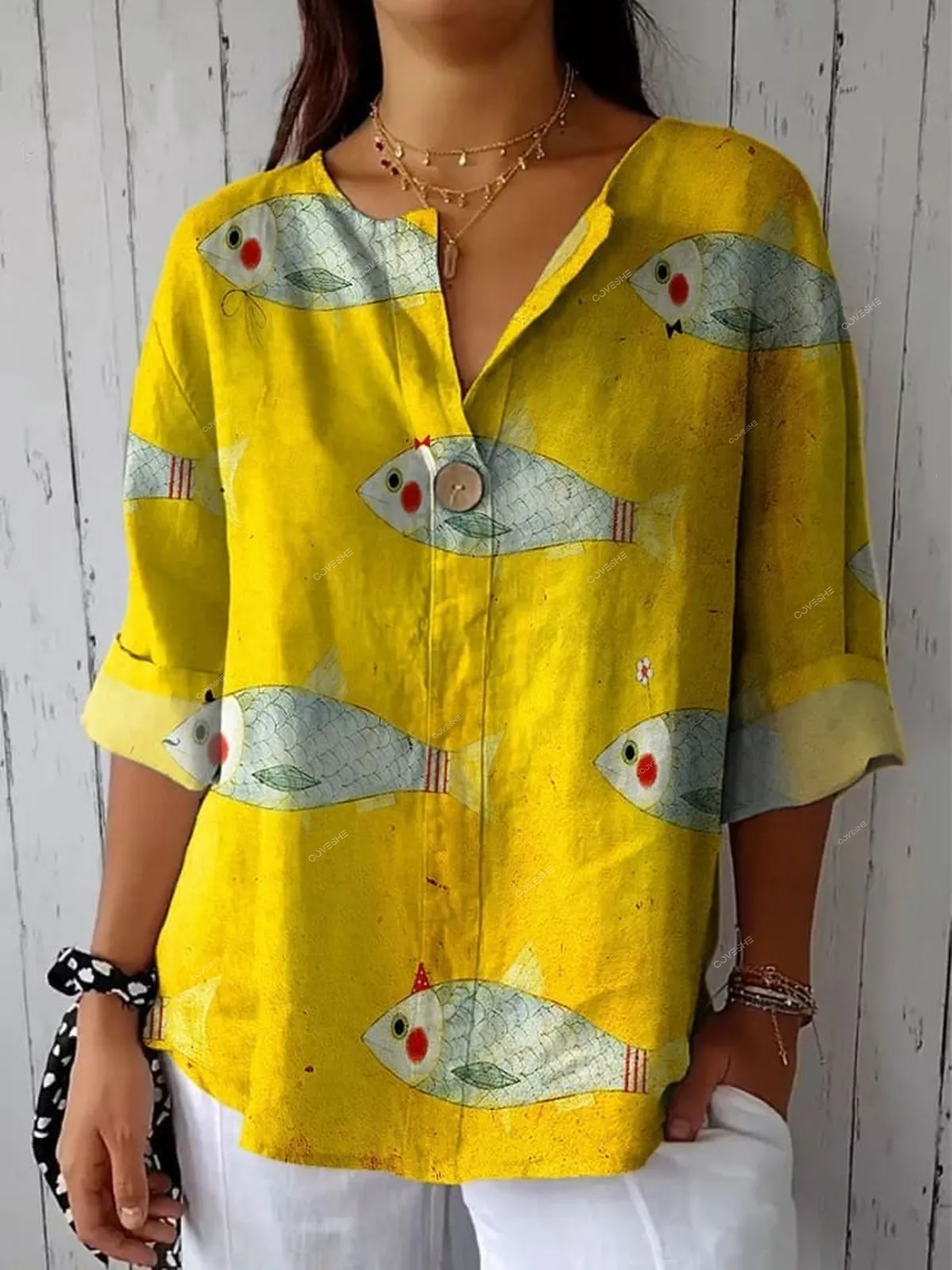 Women's Vintage Fish Art Print Casual   Shirt