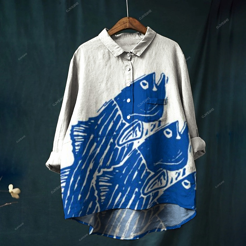 Women's Artistic Fish Print Casual   Shirt