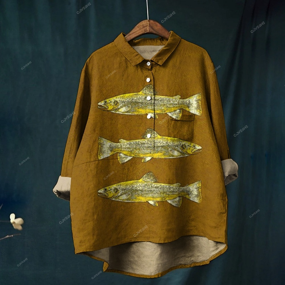 Women's Golden Fish Print Casual   Shirt