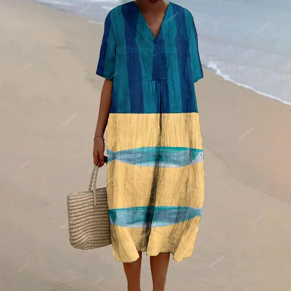 Women's Stripe & Art Fish Print Patchwork   Dress