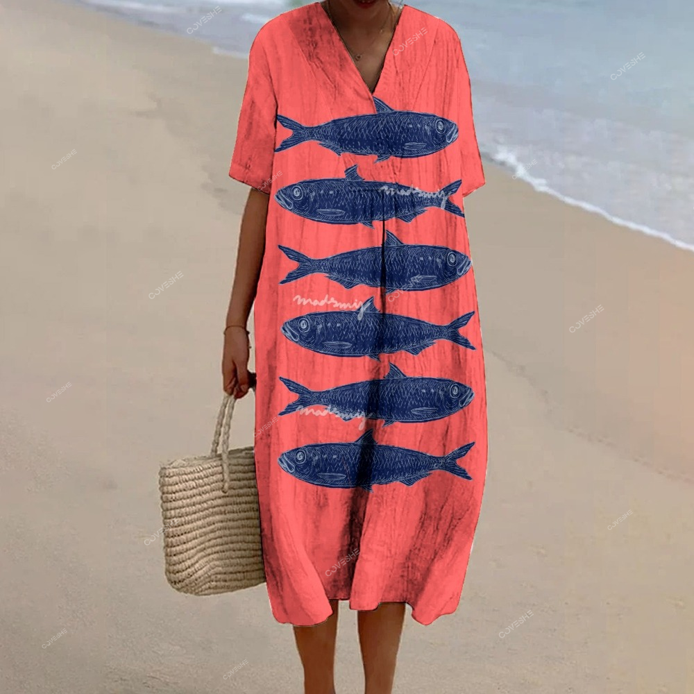 Women's Vintage Sardine Print Flowy   Dress