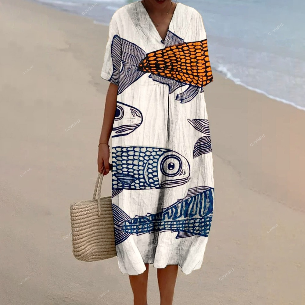 Women's Retro Fish Print Flowy  Dress