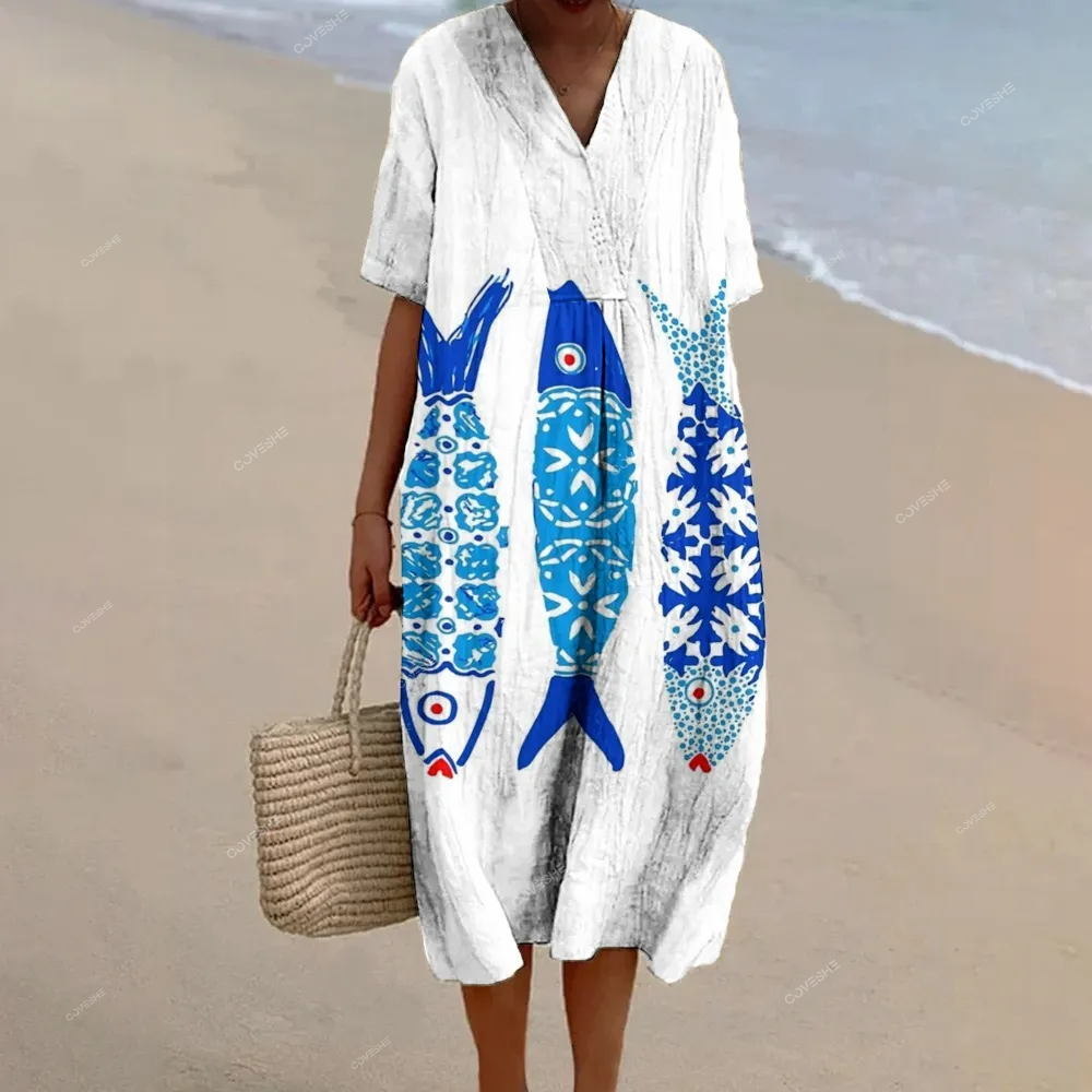 Women's Blue Floral Fish Dress