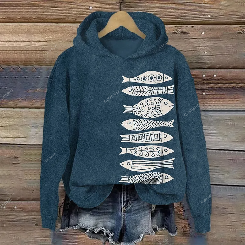 Fish Japanese Lino Art Print Casual Long Sleeve Hoodie