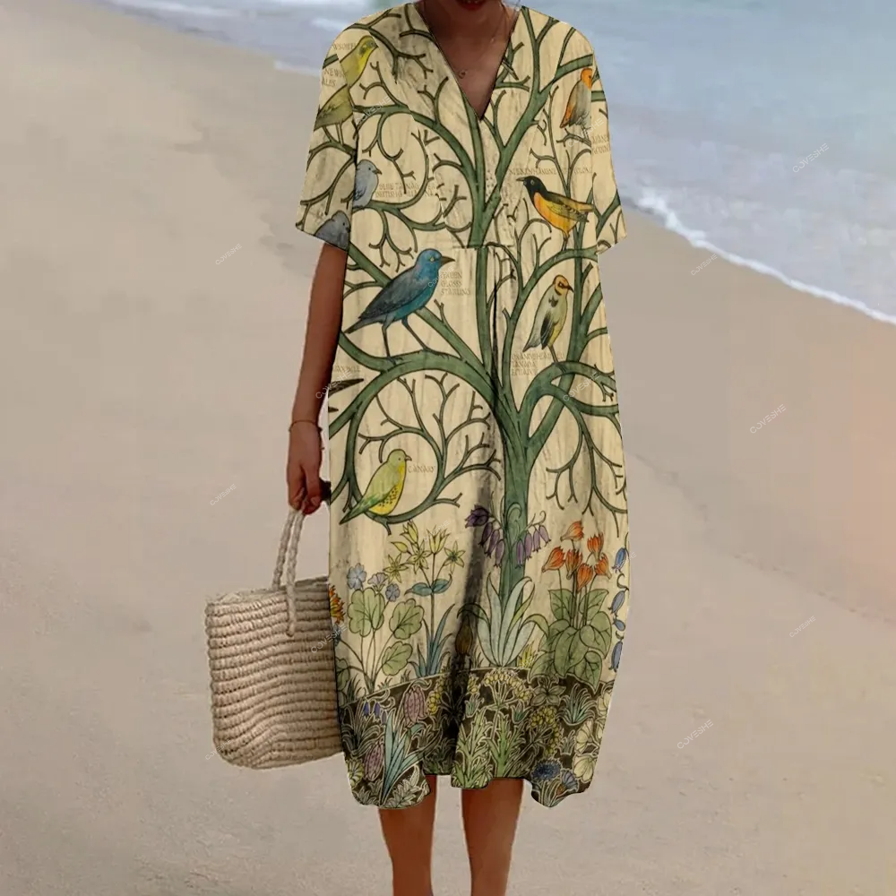 Women's Vintage Flower And Bird Print Flowy Dress