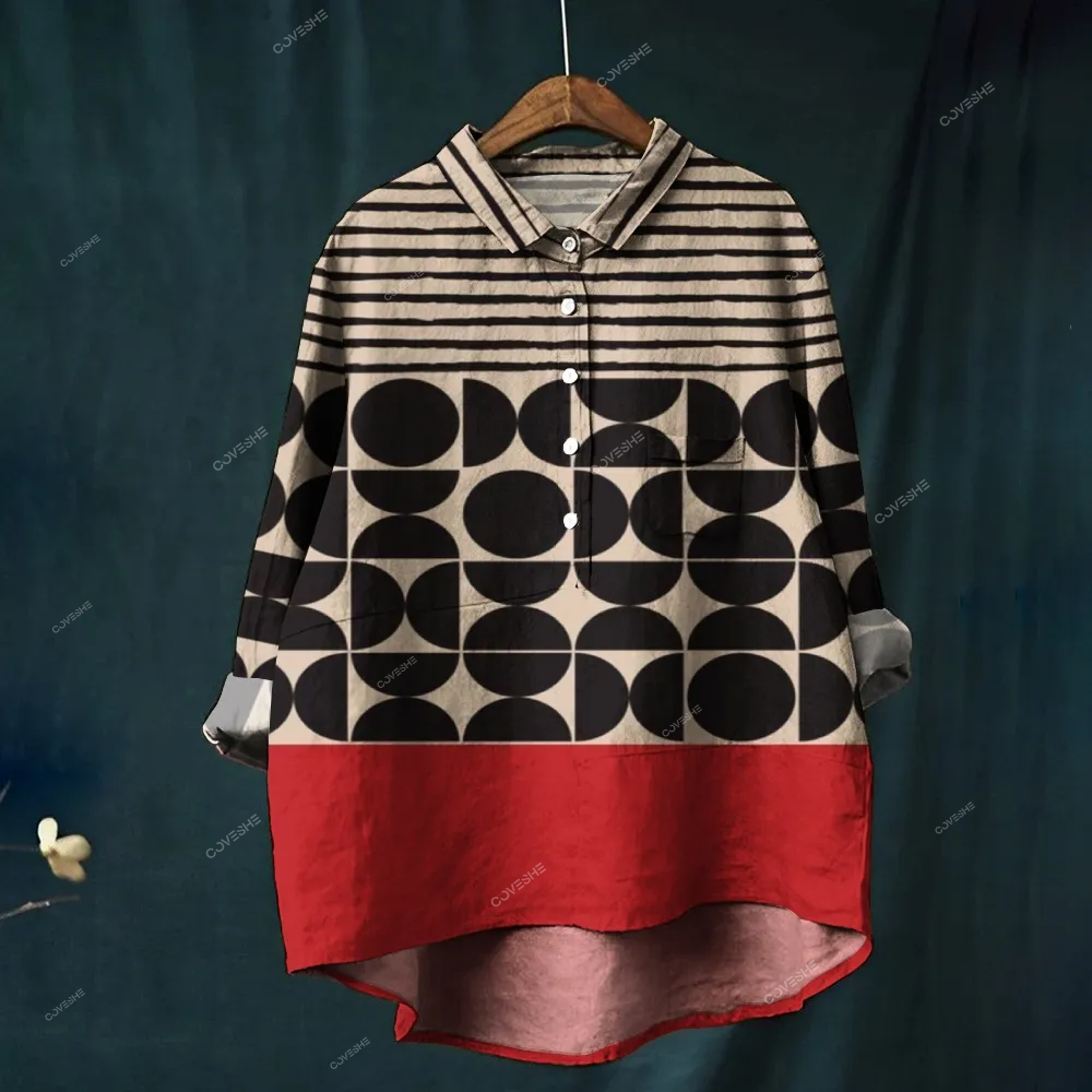 Women's Red Stripes Geometry Print Casual Shirt
