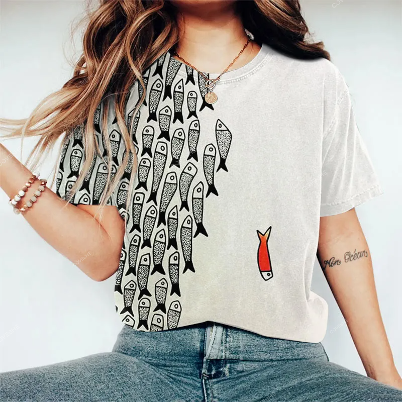 Cute Simple Lines Abstract Geometric Fish Art Print Casual T-shirt