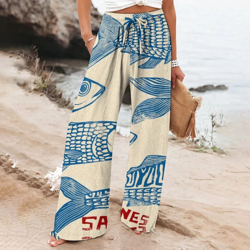 Women's Vintage Fish Sardine Art Print Casual Pants