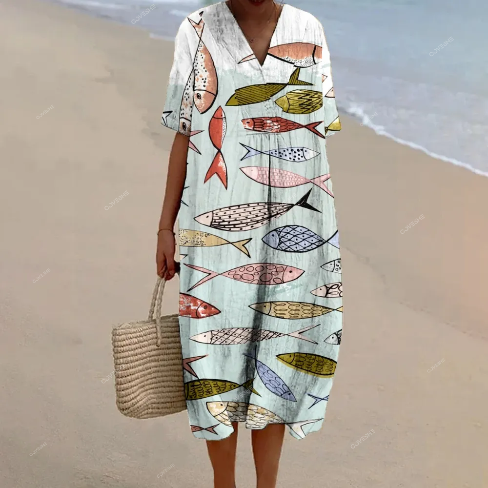 Women's Colorful Fish Print Flowy   Dress