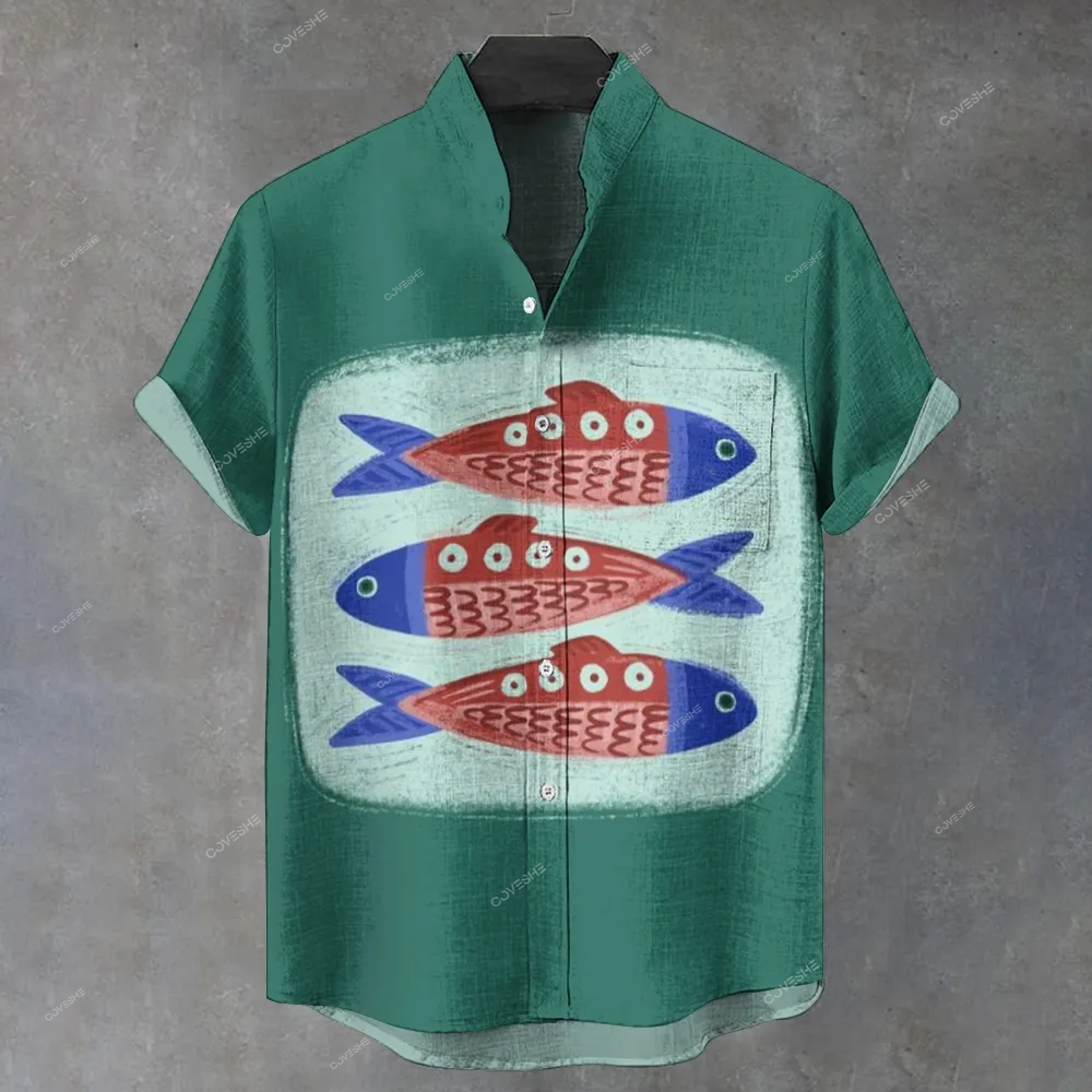 Men's Stand Collar Sardines Printed Short Sleeve Shirt