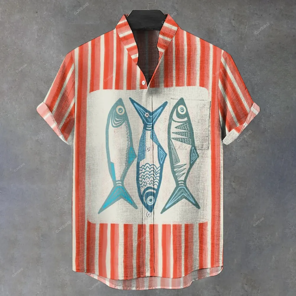 Men's Stand Collar Striped Fish Art Printed Short Sleeve Shirt