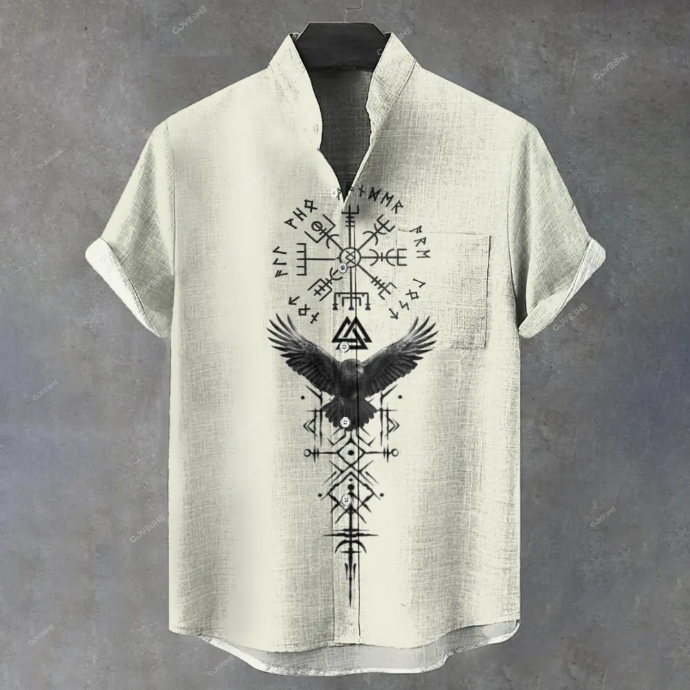 Men's Stand Collar Vintage Viking Pattern Printed Short Sleeve Shirt
