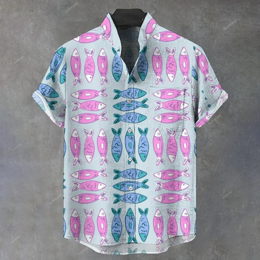 Men's Stand Collar Art Fish Printed Short Sleeve Shirt
